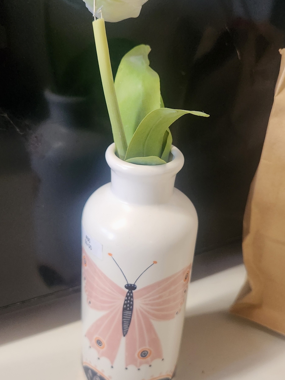 Source Unknown White Ceramic Vase with Pink Butterfly